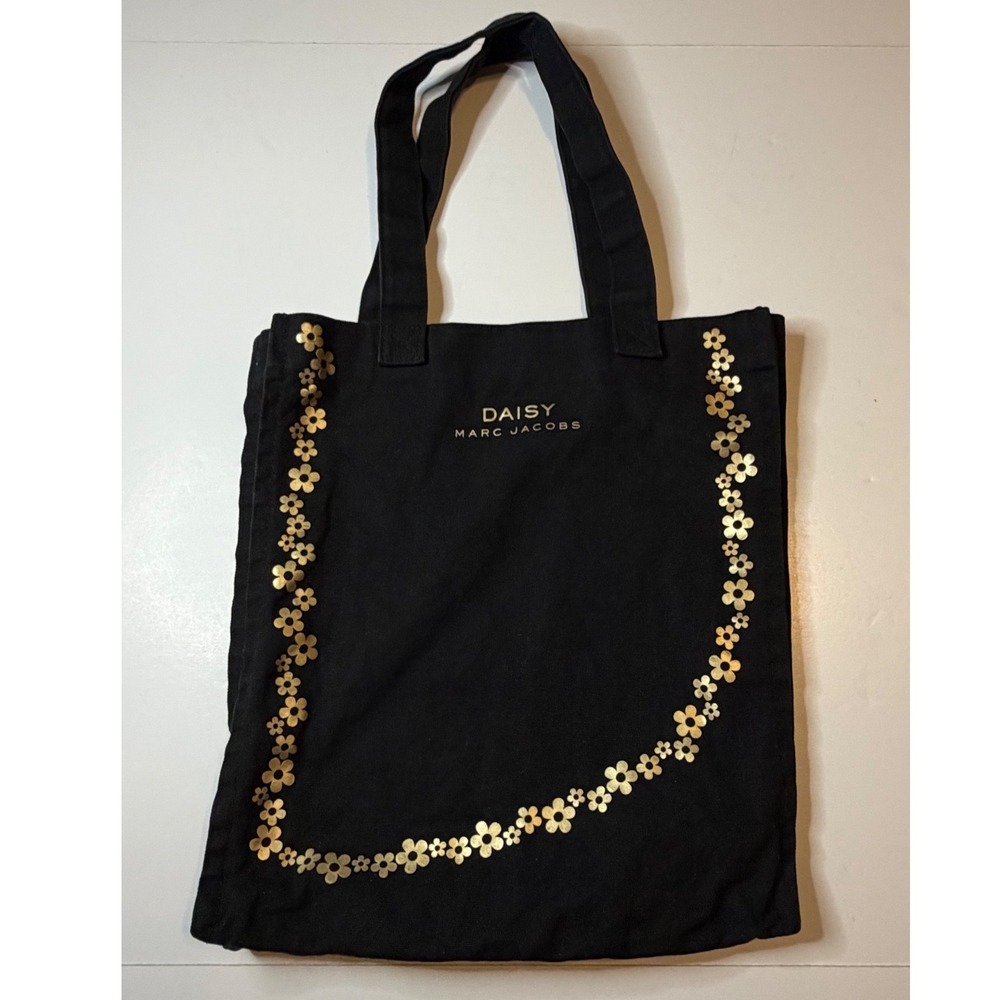 Marc Jacobs Daisy Tote Bag Black Canvas Gold Floral Graphic Logo Shopper Purse